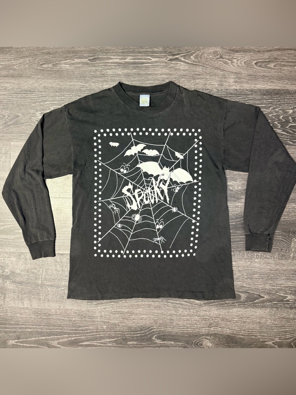 Vintage 3D Emblem Spooky Halloween Spiderweb Bats Long Sleeve Graphic Shirt